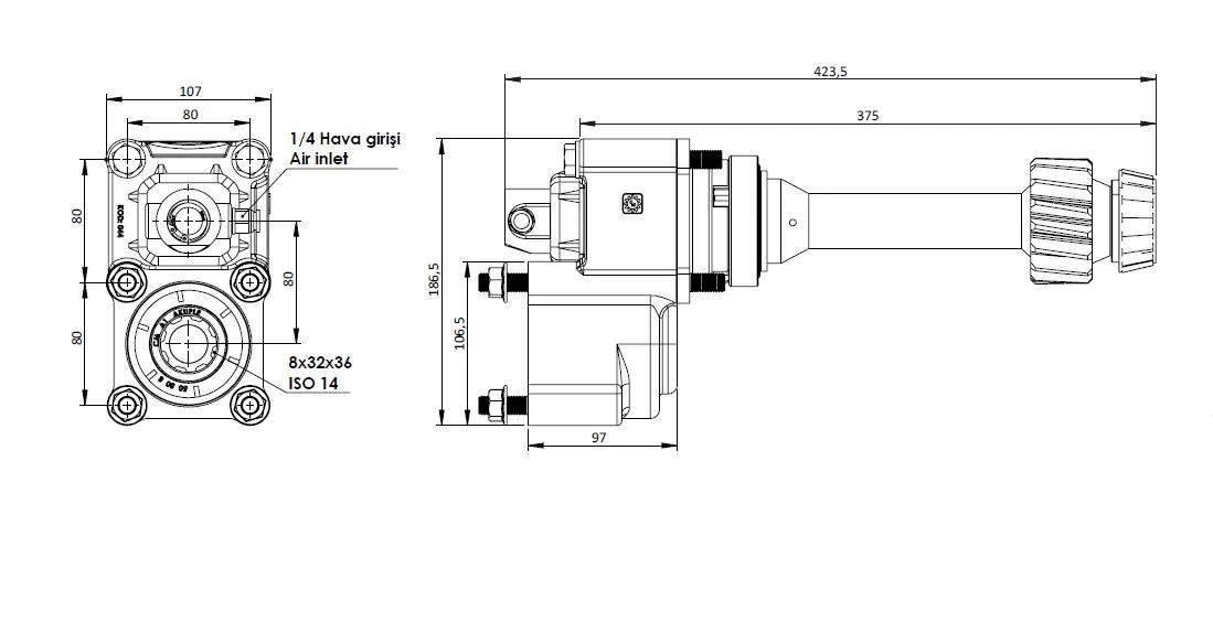 CTM 120 A1 PTO teknik çizimi — kesit, ölçü ve montaj şeması