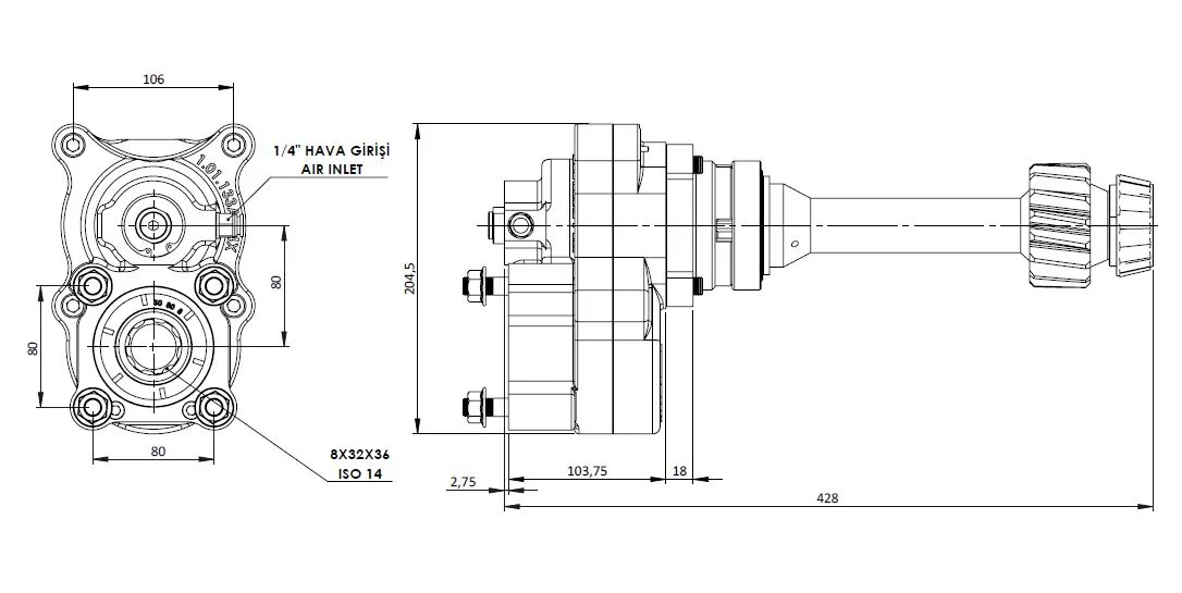 CTM 120 A1 4XF PTO teknik çizimi — kesit, ölçü ve montaj şeması