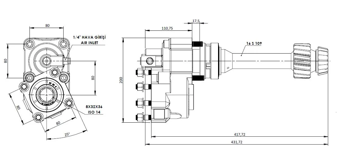 CTM 120 A1 3X PTO teknik çizimi — kesit, ölçü ve montaj şeması