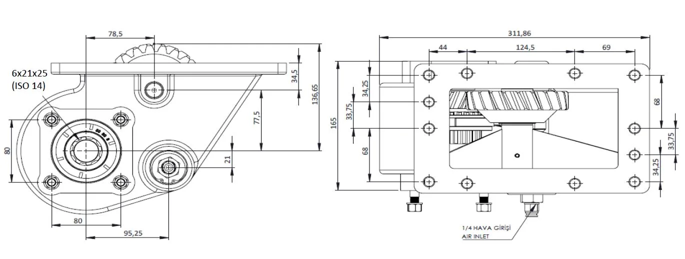 CTM 121 A1 PTO teknik çizimi — kesit, ölçü ve montaj şeması