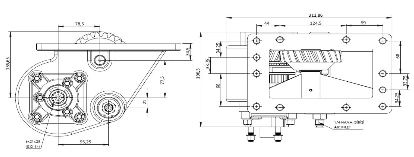 CTM 121 AC2 PTO teknik çizimi — kesit, ölçü ve montaj şeması