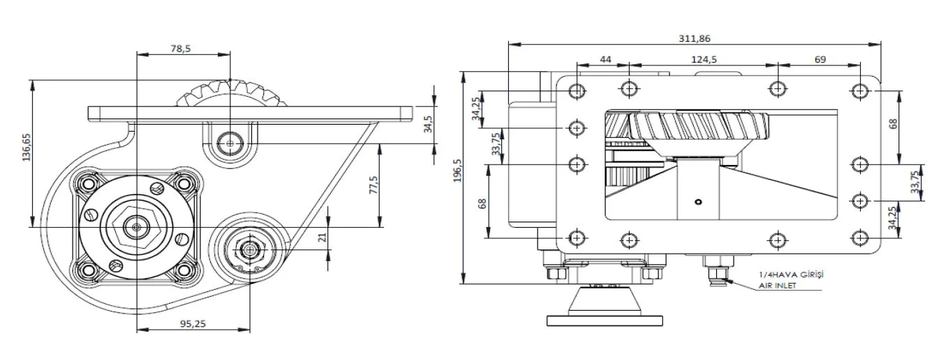 CTM 121 AD PTO teknik çizimi — kesit, ölçü ve montaj şeması