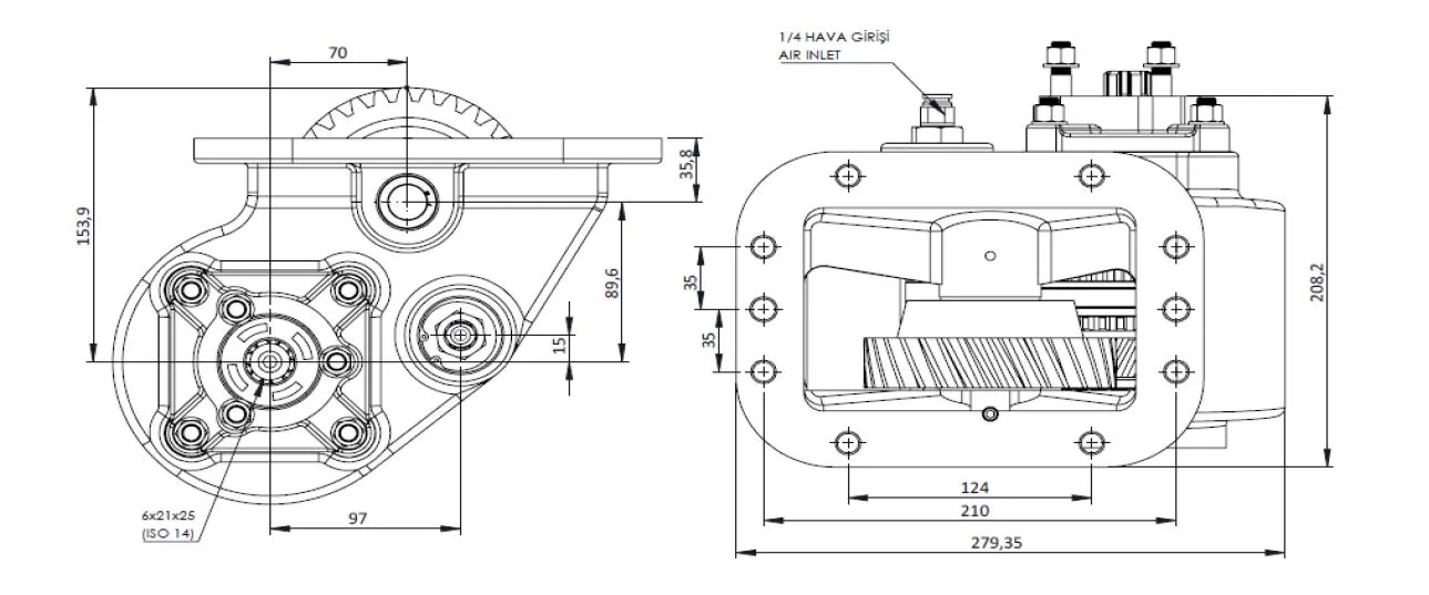 CTM 122 AE PTO teknik çizimi — kesit, ölçü ve montaj şeması