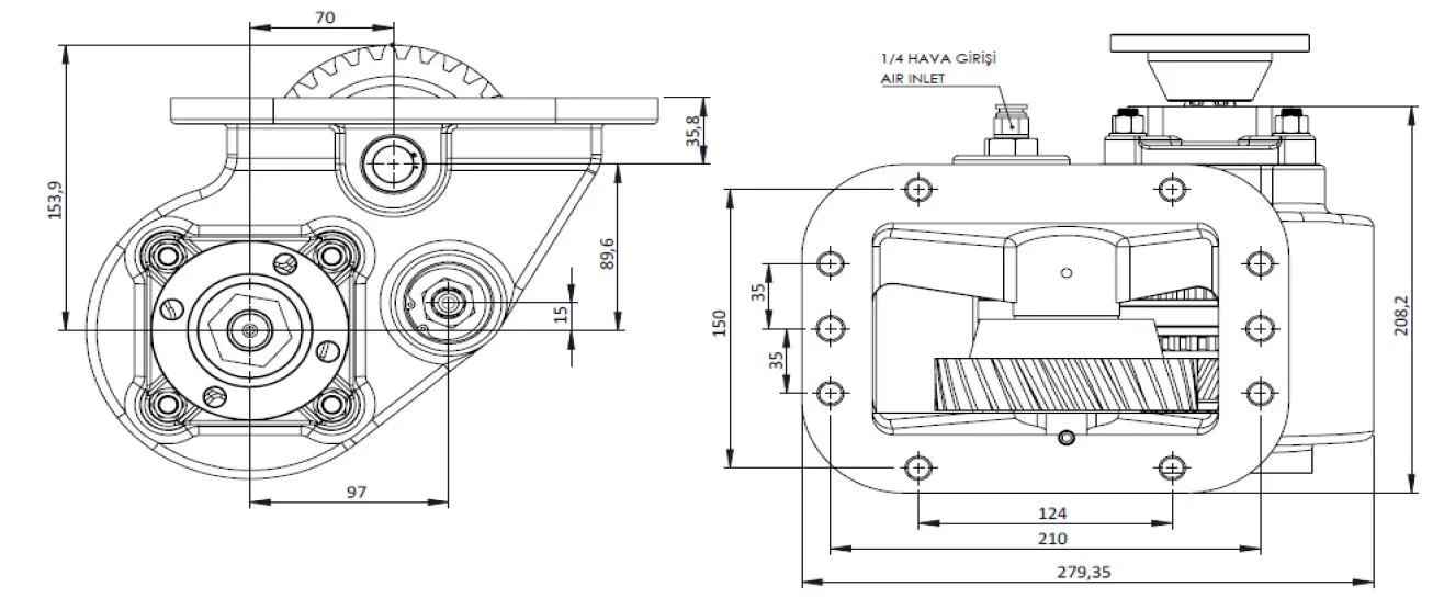 CTM 122 AD PTO teknik çizimi — kesit, ölçü ve montaj şeması