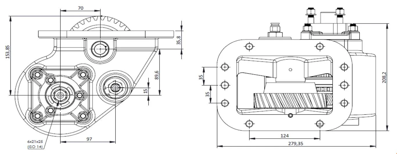 CTM 122 AC2 PTO teknik çizimi — kesit, ölçü ve montaj şeması