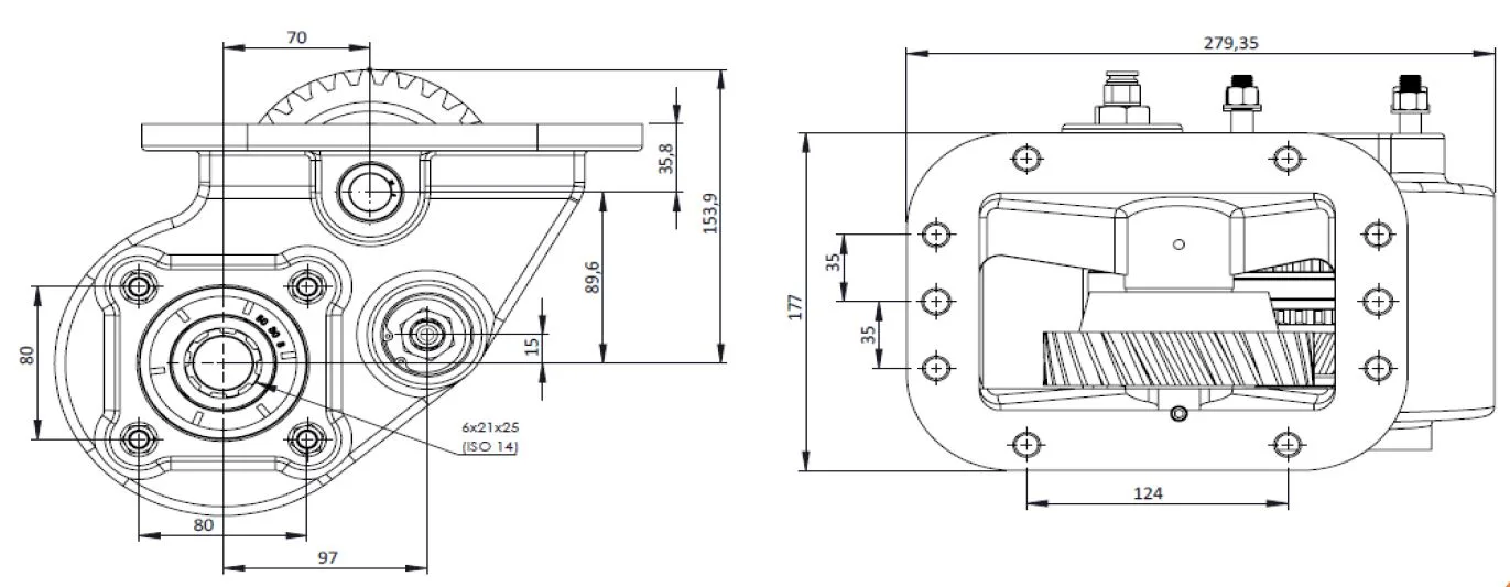 CTM 122 A1 PTO teknik çizimi — kesit, ölçü ve montaj şeması