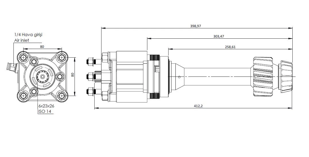 CTM 124 AE PTO teknik çizimi — kesit, ölçü ve montaj şeması