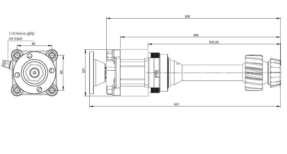 CTM 124 ADF PTO teknik çizimi — kesit, ölçü ve montaj şeması
