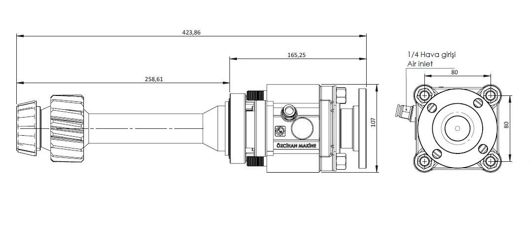 CTM 124 AD1F PTO teknik çizimi — kesit, ölçü ve montaj şeması