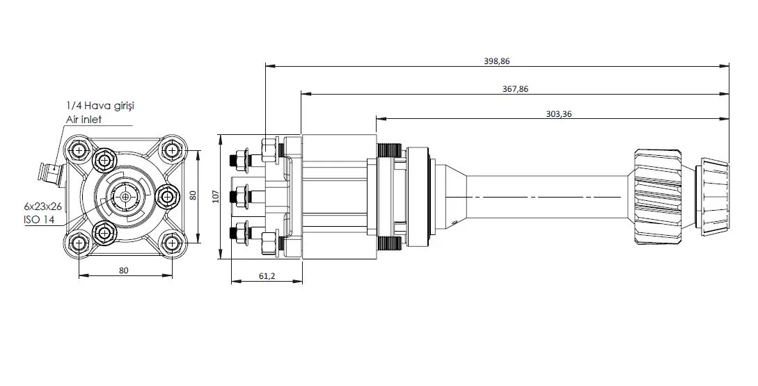 CTM 124 AC2F PTO teknik çizimi — kesit, ölçü ve montaj şeması