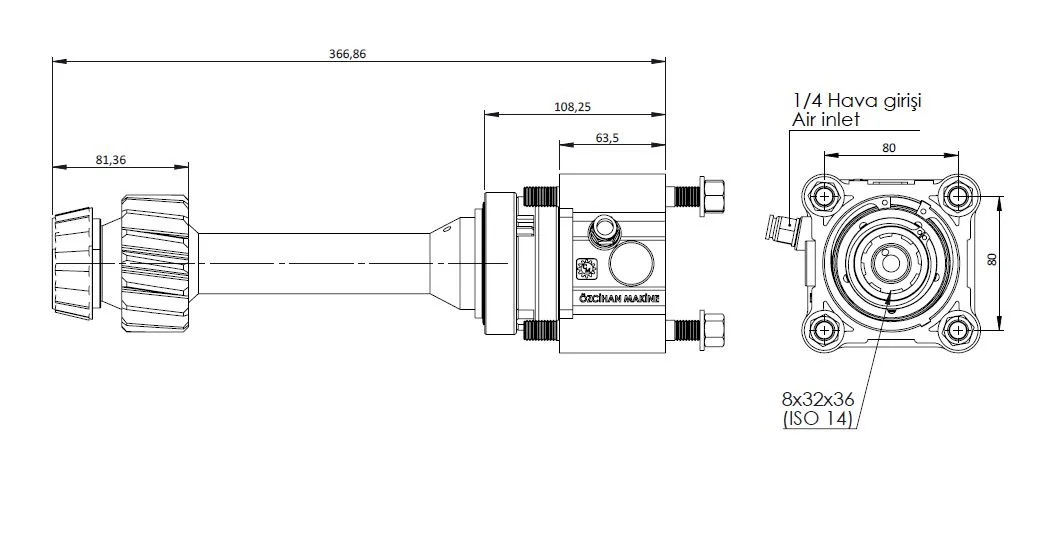 CTM 124 AC1 PTO teknik çizimi — kesit, ölçü ve montaj şeması