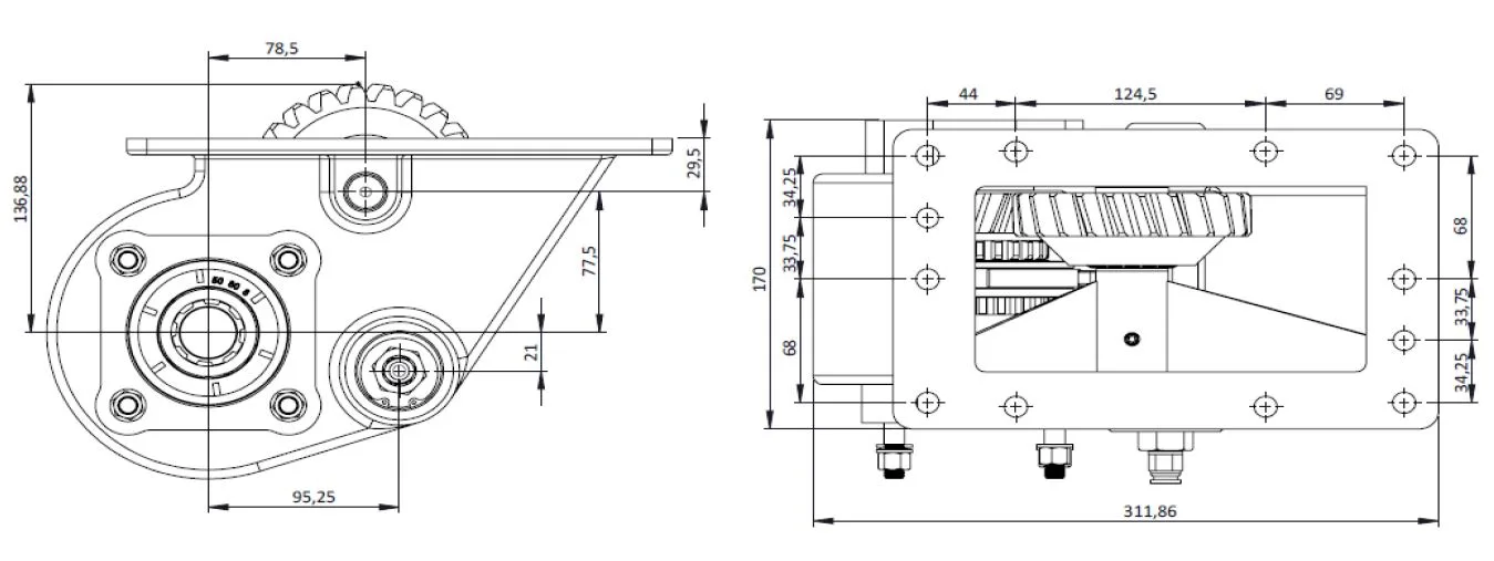CTM 125 A1 PTO teknik çizimi — kesit, ölçü ve montaj şeması