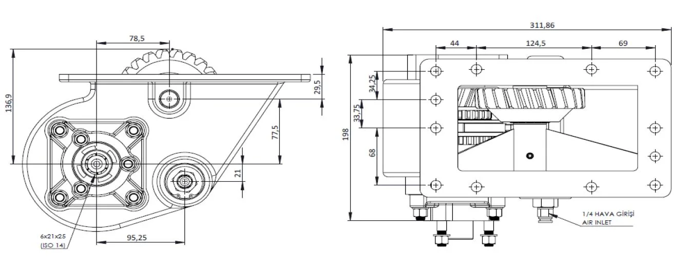 CTM 125 AC2 PTO teknik çizimi — kesit, ölçü ve montaj şeması