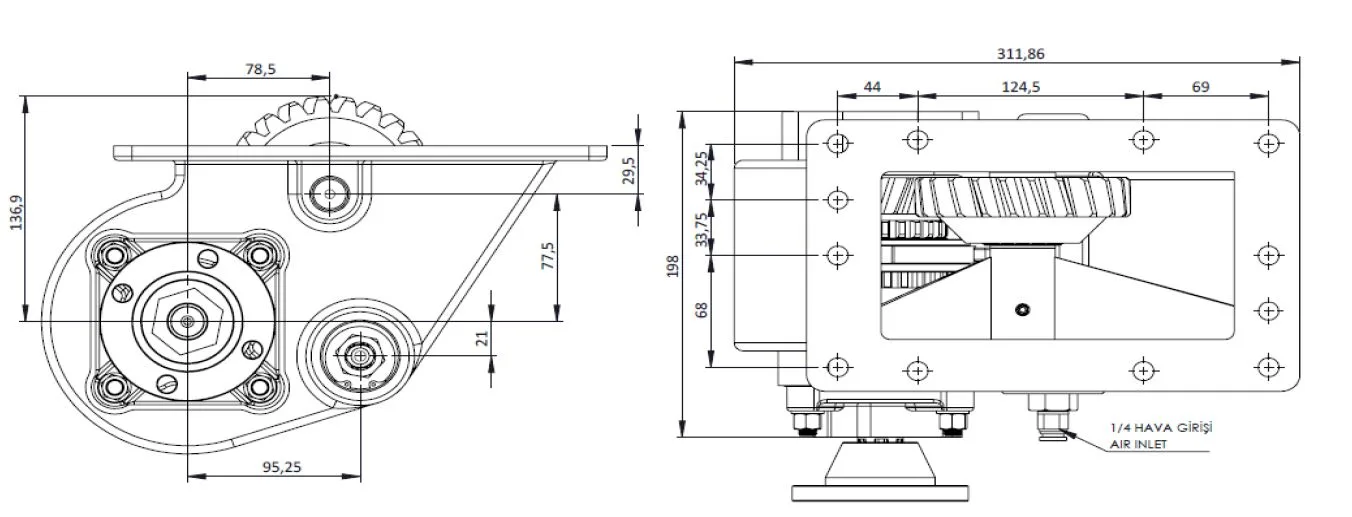 CTM 125 AD PTO teknik çizimi — kesit, ölçü ve montaj şeması
