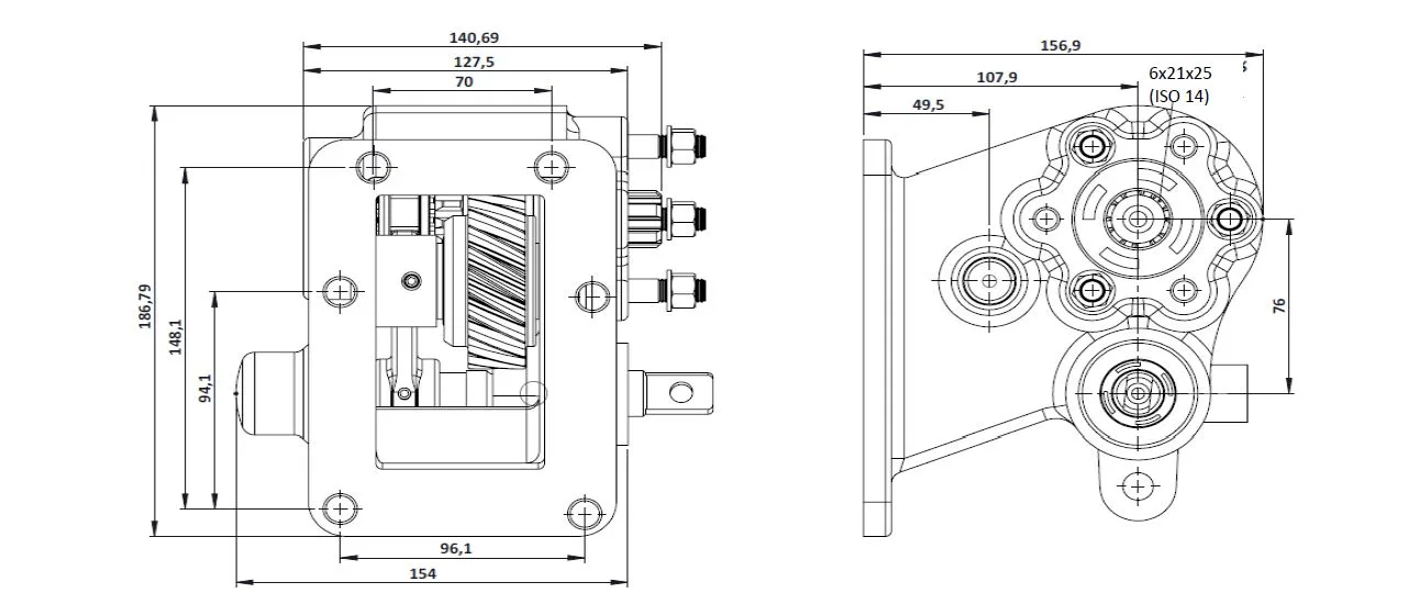 CTM 126 BE PTO teknik çizimi — kesit, ölçü ve montaj şeması