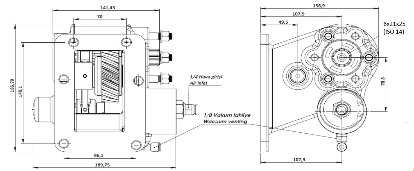 CTM 126 BE KV PTO teknik çizimi — kesit, ölçü ve montaj şeması