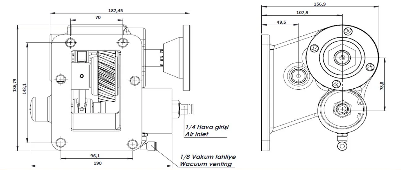 CTM 126 BD KV PTO teknik çizimi — kesit, ölçü ve montaj şeması