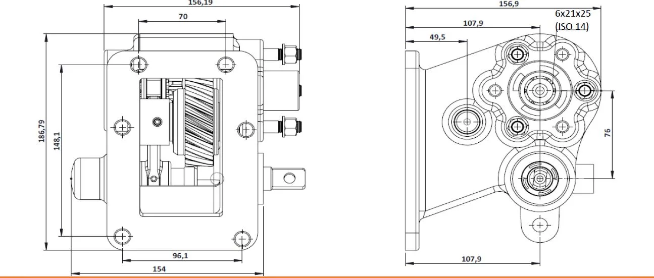 CTM 126 BC2 PTO teknik çizimi — kesit, ölçü ve montaj şeması