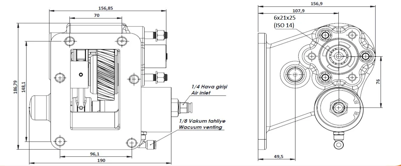 CTM 126 BC2 KV PTO teknik çizimi — kesit, ölçü ve montaj şeması