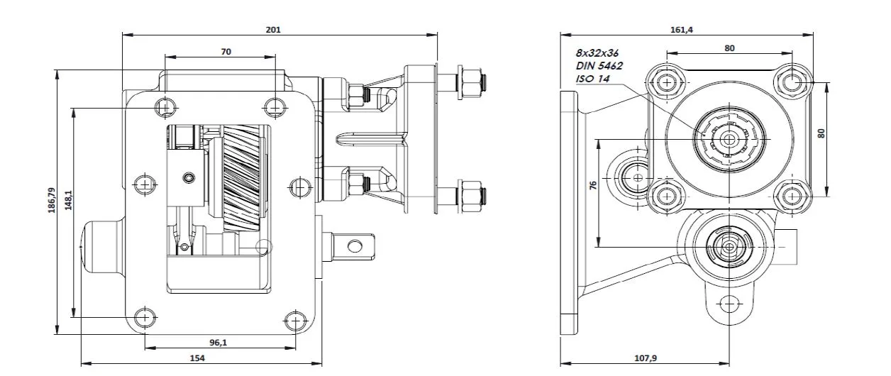 CTM 126 BC1 PTO teknik çizimi — kesit, ölçü ve montaj şeması