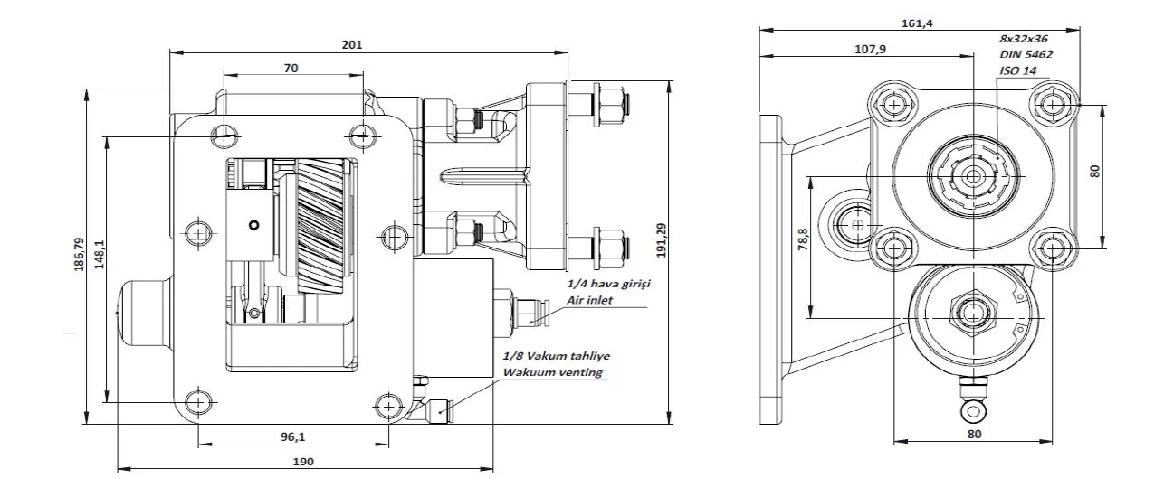 CTM 126 BC1 KV PTO teknik çizimi — kesit, ölçü ve montaj şeması