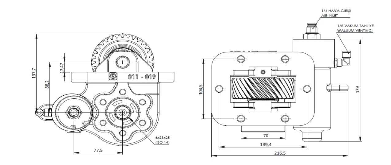 CTM 129 BE KV PTO teknik çizimi — kesit, ölçü ve montaj şeması