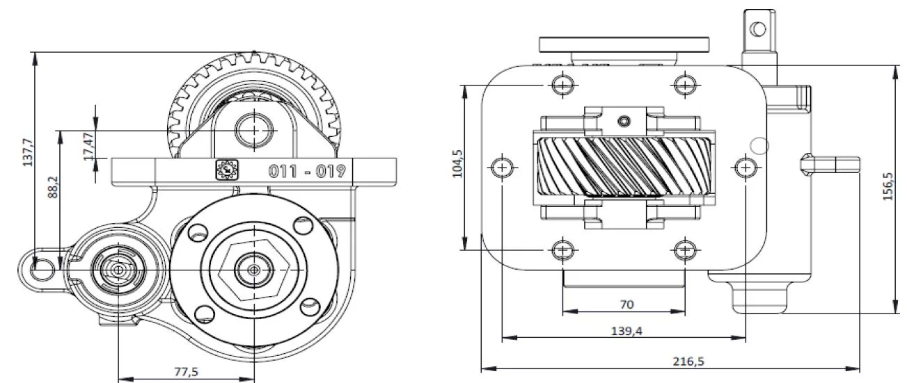 CTM 129 BD PTO teknik çizimi — kesit, ölçü ve montaj şeması