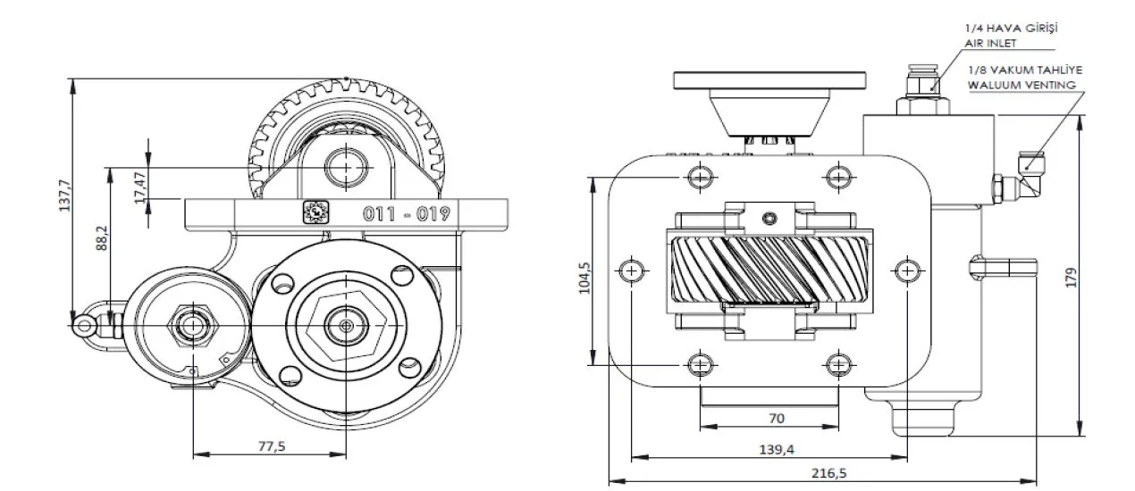 CTM 129 BD KV PTO teknik çizimi — kesit, ölçü ve montaj şeması