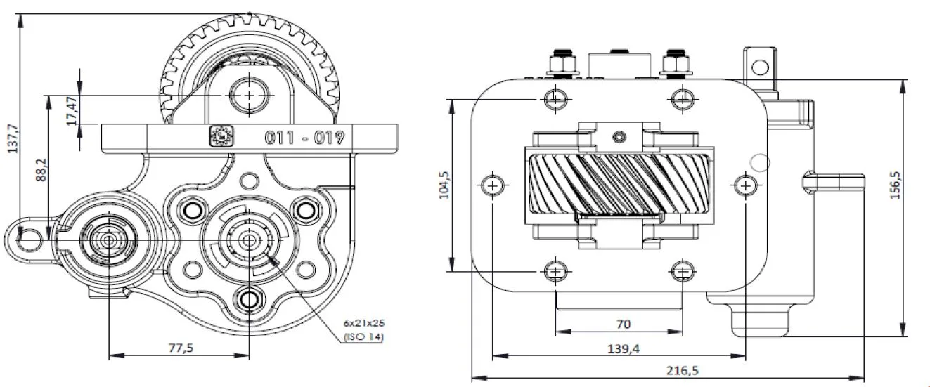 CTM 129 BC2 PTO teknik çizimi — kesit, ölçü ve montaj şeması