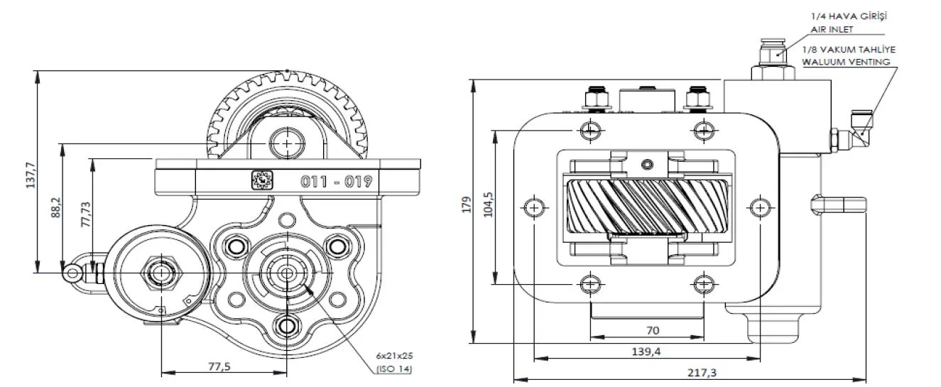 CTM 129 BC2 KV PTO teknik çizimi — kesit, ölçü ve montaj şeması