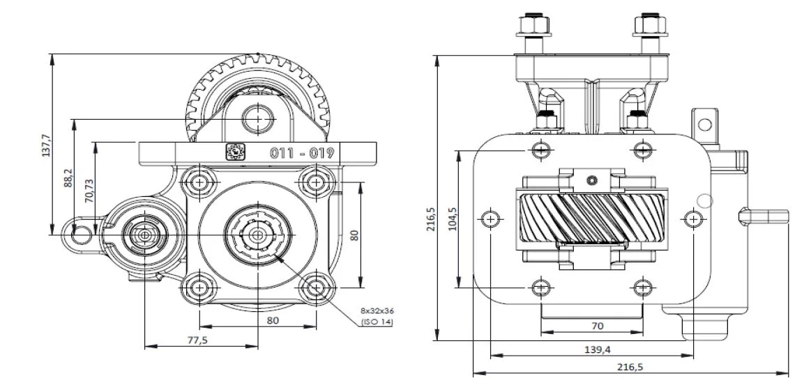 CTM 129 BC1 PTO teknik çizimi — kesit, ölçü ve montaj şeması