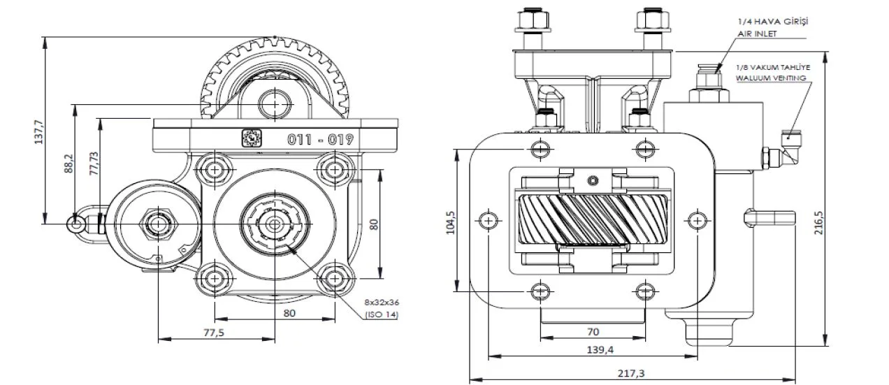 CTM 129 BC1 KV PTO teknik çizimi — kesit, ölçü ve montaj şeması
