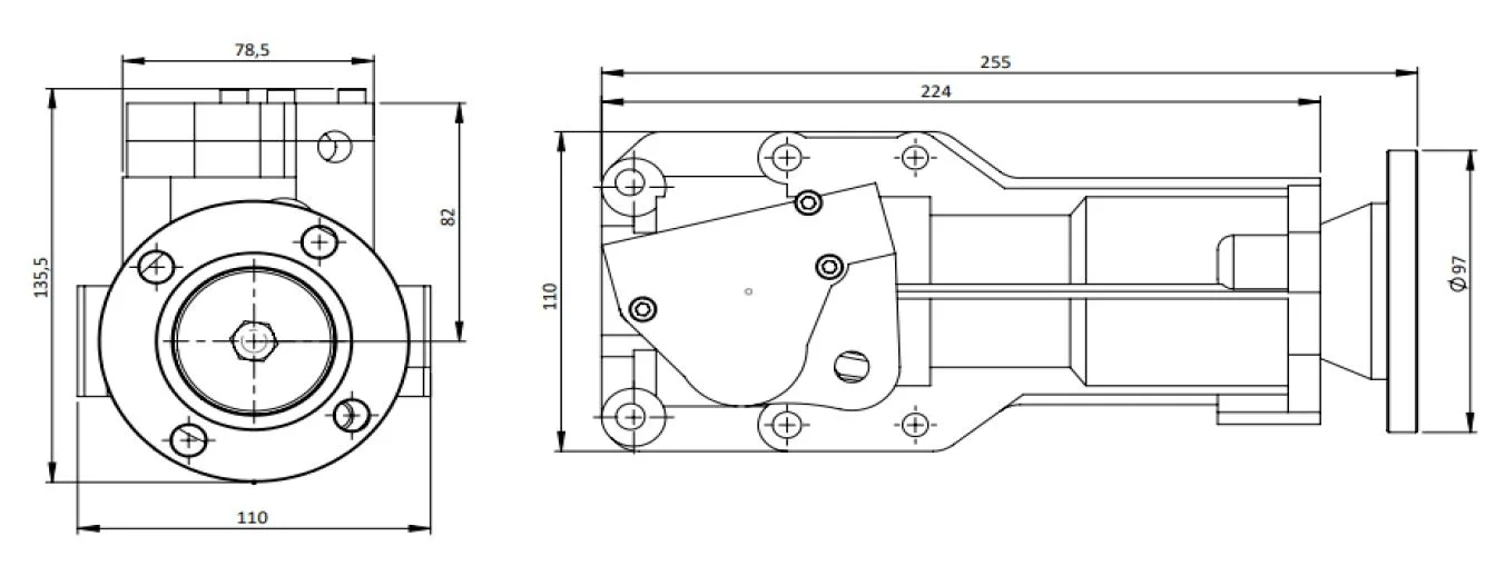 CTM 130 BD PTO teknik çizimi — kesit, ölçü ve montaj şeması