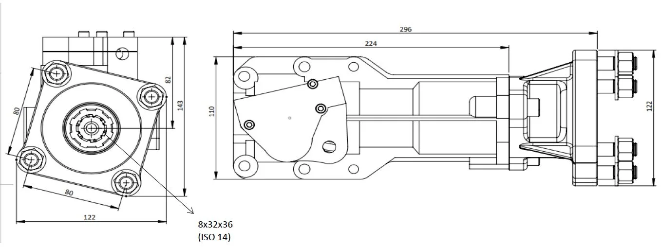 CTM 130 BC1 PTO teknik çizimi — kesit, ölçü ve montaj şeması