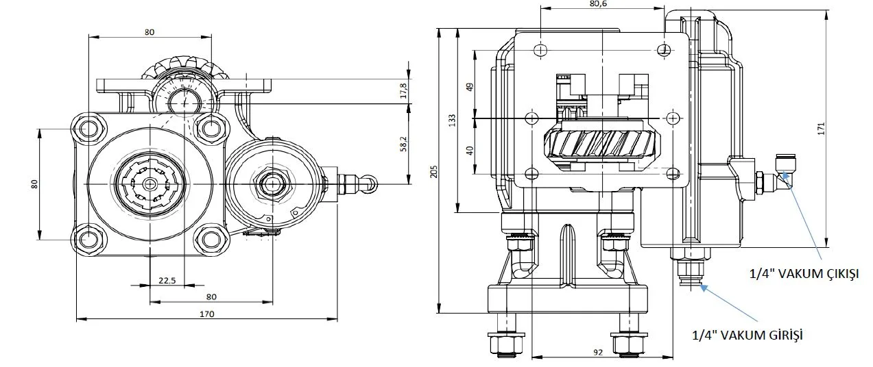 CTM 130 BC1 KV PTO teknik çizimi — kesit, ölçü ve montaj şeması