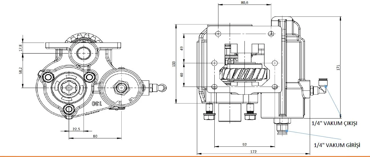 CTM 130 BC2 KV PTO teknik çizimi — kesit, ölçü ve montaj şeması