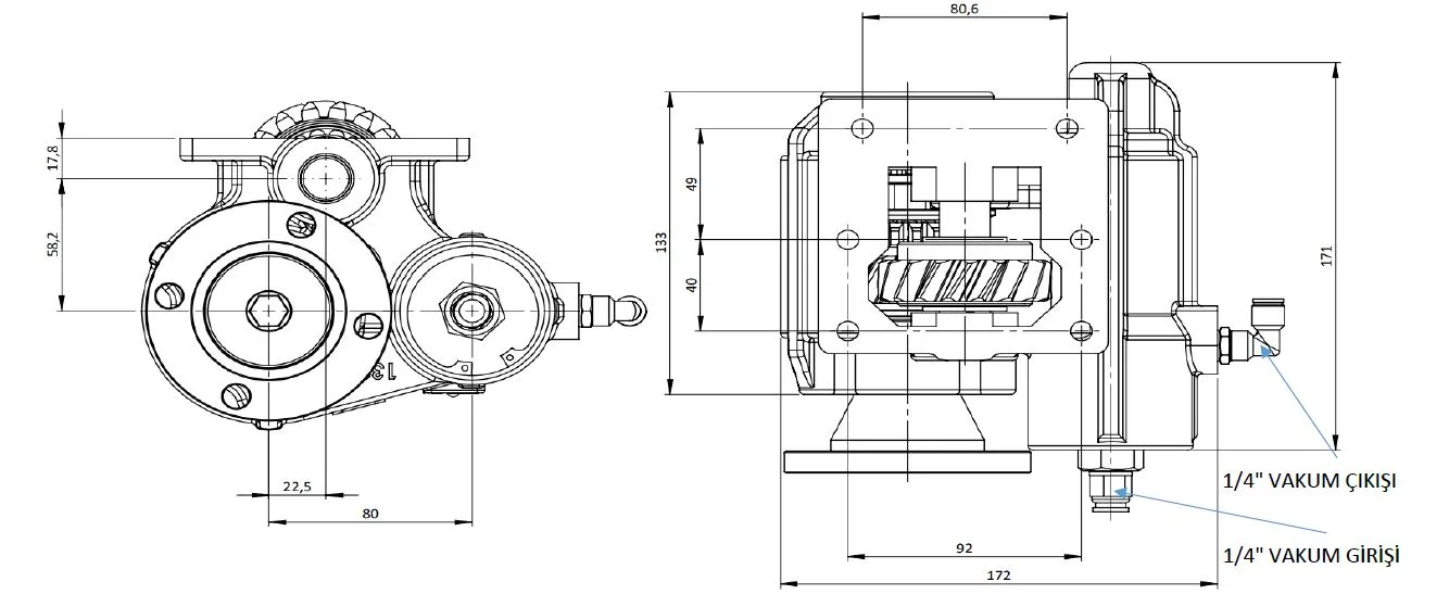 CTM 130 BD KV PTO teknik çizimi — kesit, ölçü ve montaj şeması