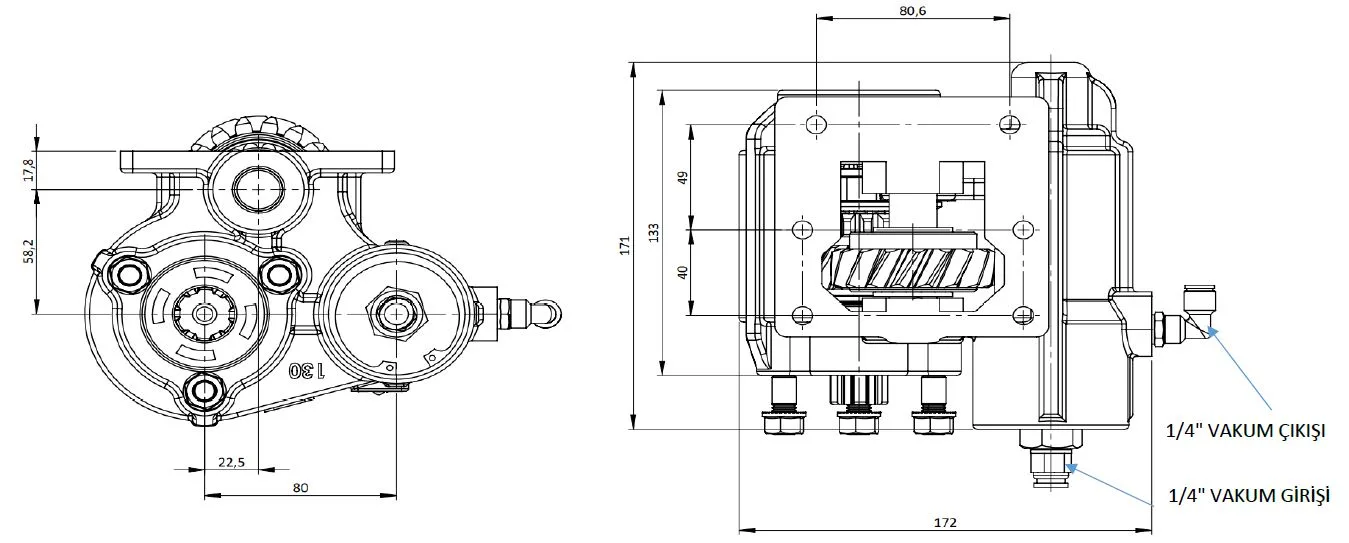 CTM 130 BE KV PTO teknik çizimi — kesit, ölçü ve montaj şeması