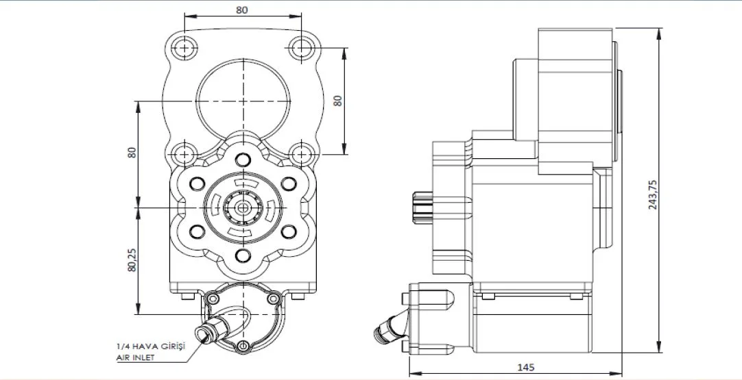 CTM 131 AE PTO teknik çizimi — kesit, ölçü ve montaj şeması