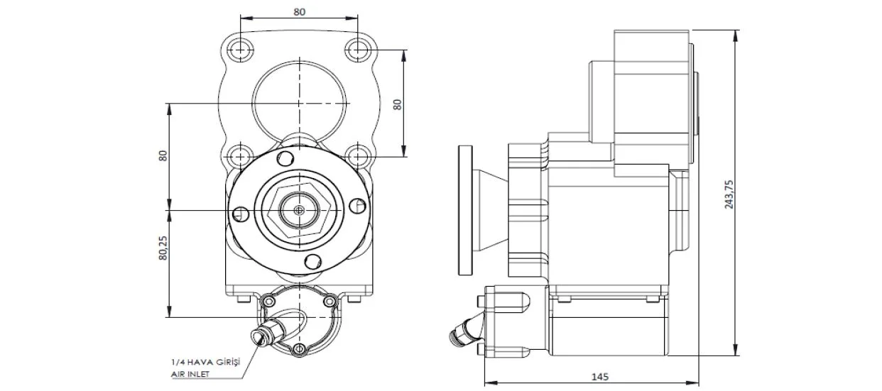 CTM 131 AD1 PTO teknik çizimi — kesit, ölçü ve montaj şeması