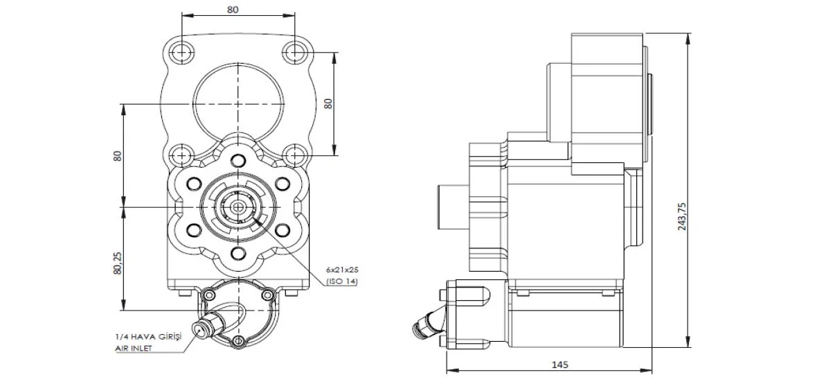 CTM 131 AC2 PTO teknik çizimi — kesit, ölçü ve montaj şeması