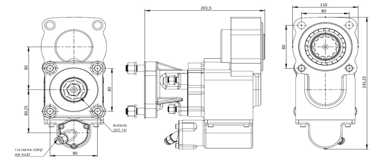 CTM 131 AC1 PTO teknik çizimi — kesit, ölçü ve montaj şeması
