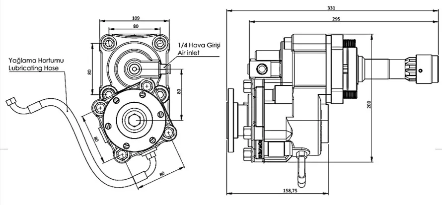 CTM 132 AD1 3x PTO teknik çizimi — kesit, ölçü ve montaj şeması