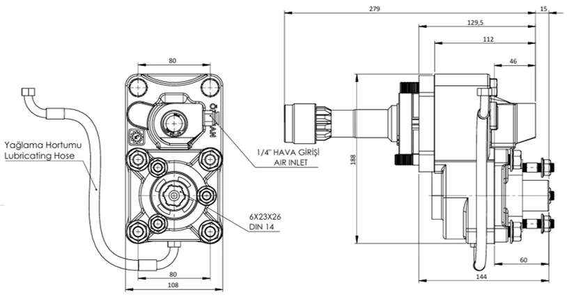 CTM 132 AC2F PTO teknik çizimi — kesit, ölçü ve montaj şeması