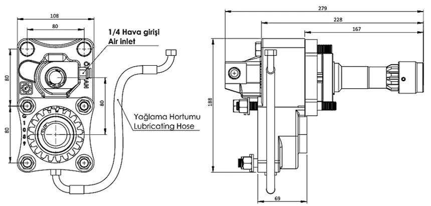 CTM 132 AC1F PTO teknik çizimi — kesit, ölçü ve montaj şeması