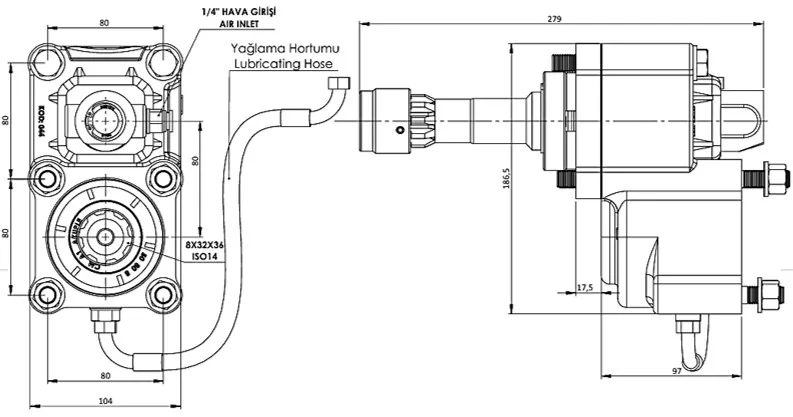 CTM 132 A1F PTO teknik çizimi — kesit, ölçü ve montaj şeması
