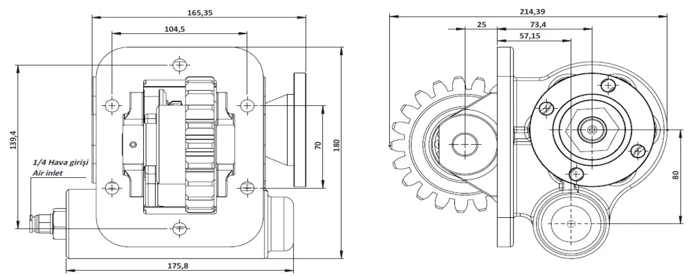 CTM 134 AD PTO teknik çizimi — kesit, ölçü ve montaj şeması