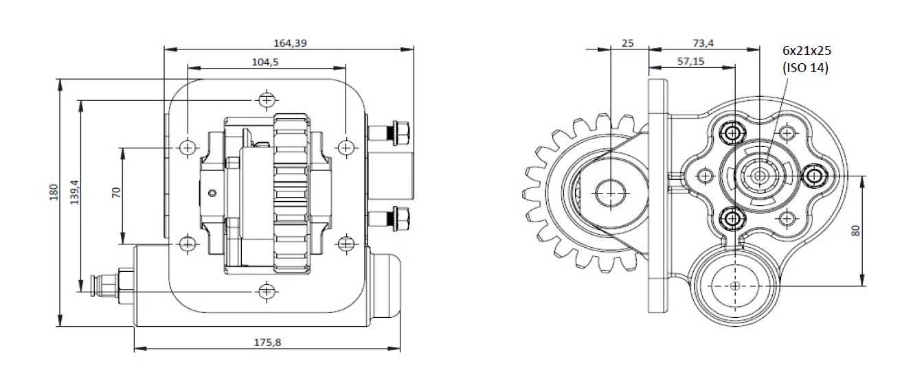 CTM 134 AC2 PTO teknik çizimi — kesit, ölçü ve montaj şeması