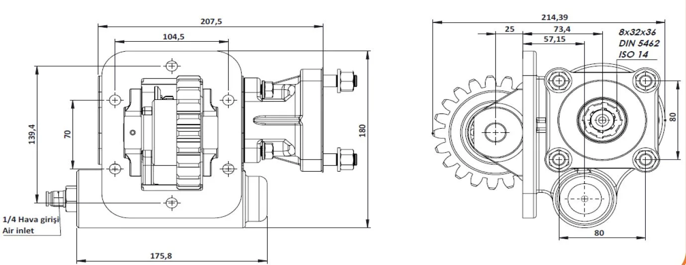 CTM 134 AC1 PTO teknik çizimi — kesit, ölçü ve montaj şeması