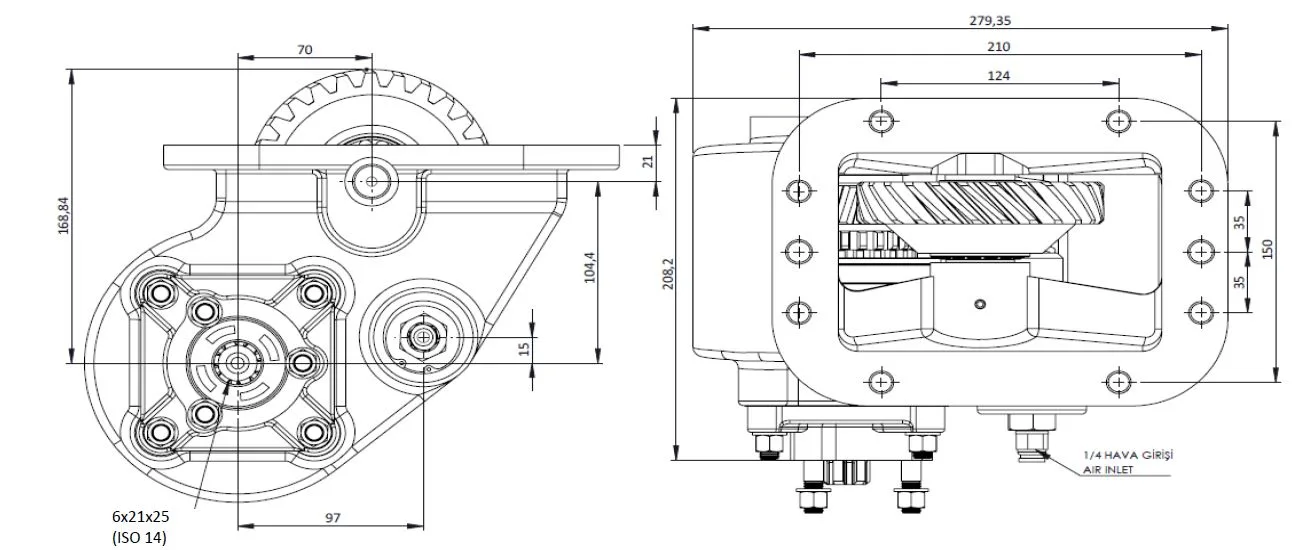 CTM 137 AE PTO teknik çizimi — kesit, ölçü ve montaj şeması